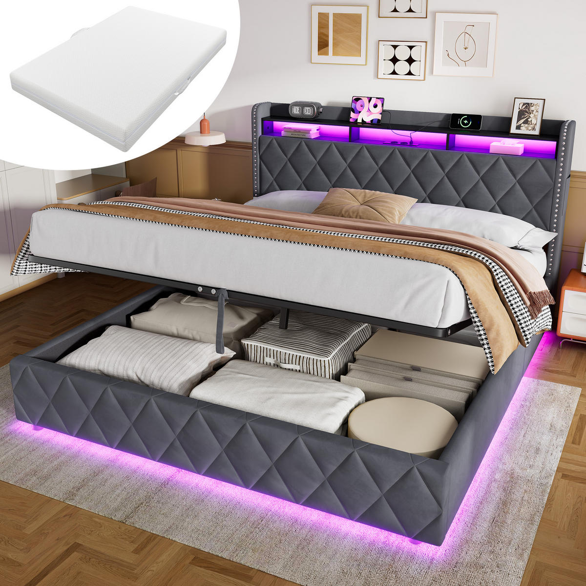 POLSTERBETT 180×200 mit LED-Beleuchtung, Bettkasten und Matratze - Grau, Holzwerkstoff/Textil (180/200cm) - EVRYAE