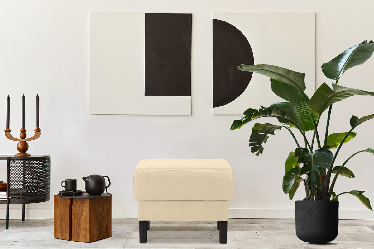 SITZHOCKER ESPECTO auf hohen Holzbeinen, Ecru - Creme/Schwarz, Textil (58/47/56cm) - KONSIMO®