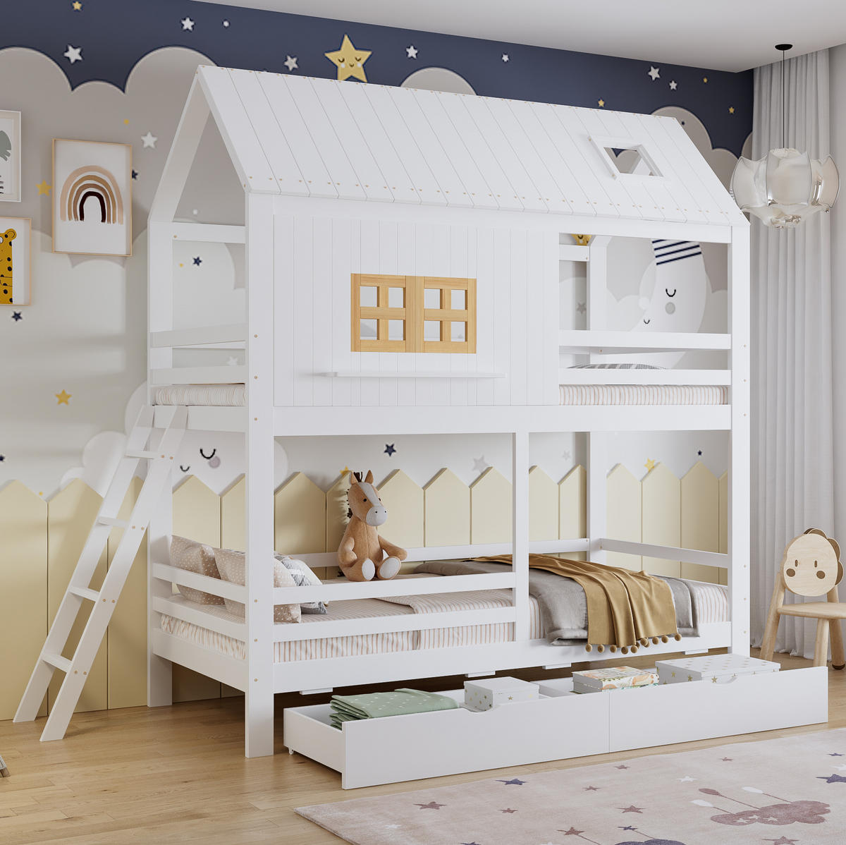 ETAGENBETT 90/200 cm weiß und natur aus Kiefer mit Fenster und Dach - Weiß, Holz (90/200cm) - OKWISH