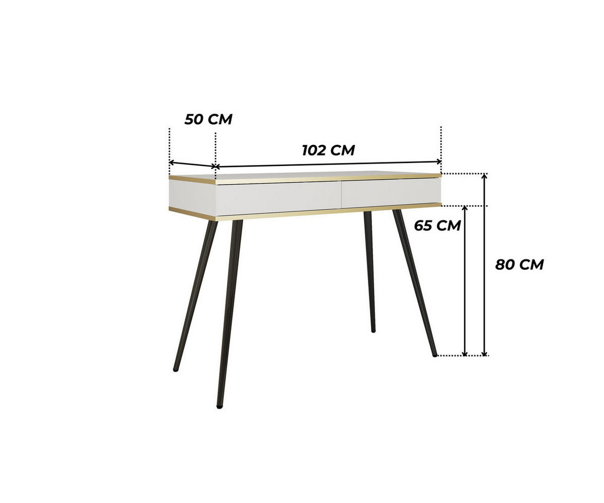 KONSOLENTISCH FORNO (Weiß, Goldene Details, 2 Schubladen, schwarze Metallfüße) - Schwarz/Weiß, Holz/Holzwerkstoff (50/102/80cm) - Ravio