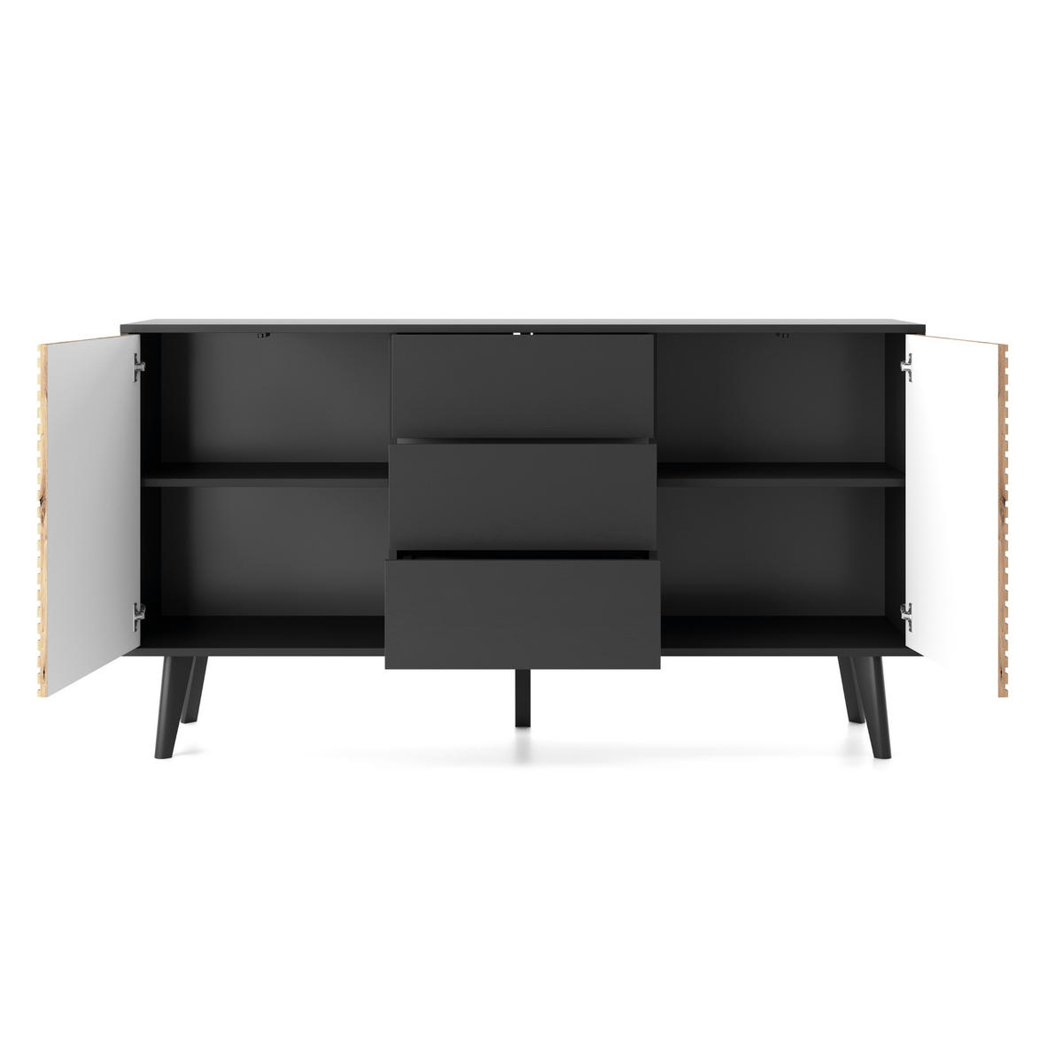 SIDEBOARD Saskatoon KSZ154 – Schwarz, Artisan-Eiche, Zweitürige - Schwarz/Eiche Artisan, Glas/Holzwerkstoff (154/83/39cm) - Komodee