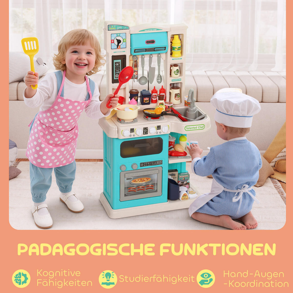 KINDERKÜCHE Spielküche mit Ofen Spüle Licht-und Soundfunktion und Zubehör - Grün, Kunststoff (24/44.5cm) - AIYAPLAY