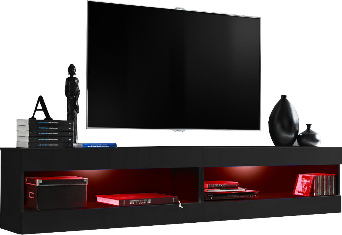 WOHNWAND 2-er Set, TIVOLI SET4 mit mehrfarbige LED RGB Beleuchtung Schwarz + Schwarz, Offener Raum - Eiche Wotan/Schwarz, Glas/Holzwerkstoff (200/41/35cm) - Komodee