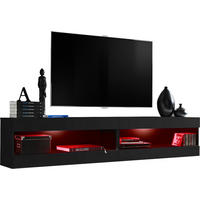 WOHNWAND 2-er Set, TIVOLI SET4 mit mehrfarbige LED RGB Beleuchtung Schwarz + Schwarz, Offener Raum - Eiche Wotan/Schwarz, Glas/Holzwerkstoff (200/41/35cm) - Komodee