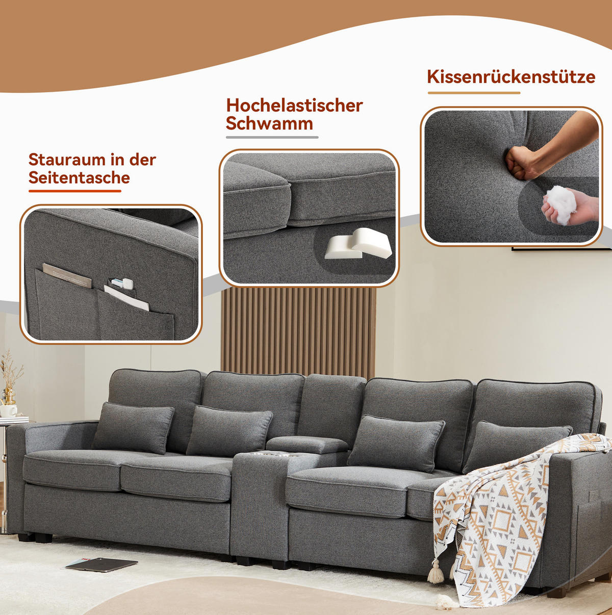 4-SITZER Sofa Leinenstoff mit Konsole USB-Anschluss und Getränkehaltern 290/83/88 cm Dunkelgrau - Dunkelgrau, Textil (88/290/83cm) - Redom