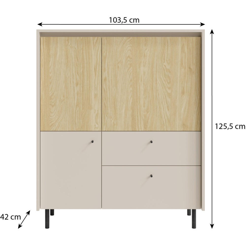 HIGHBOARD Monako mit 2 Schubalden und 3 Türen, Beige Sand - Eichefarben/Beige, Holzwerkstoff/Metall (103/125/42cm) - Beautysofa