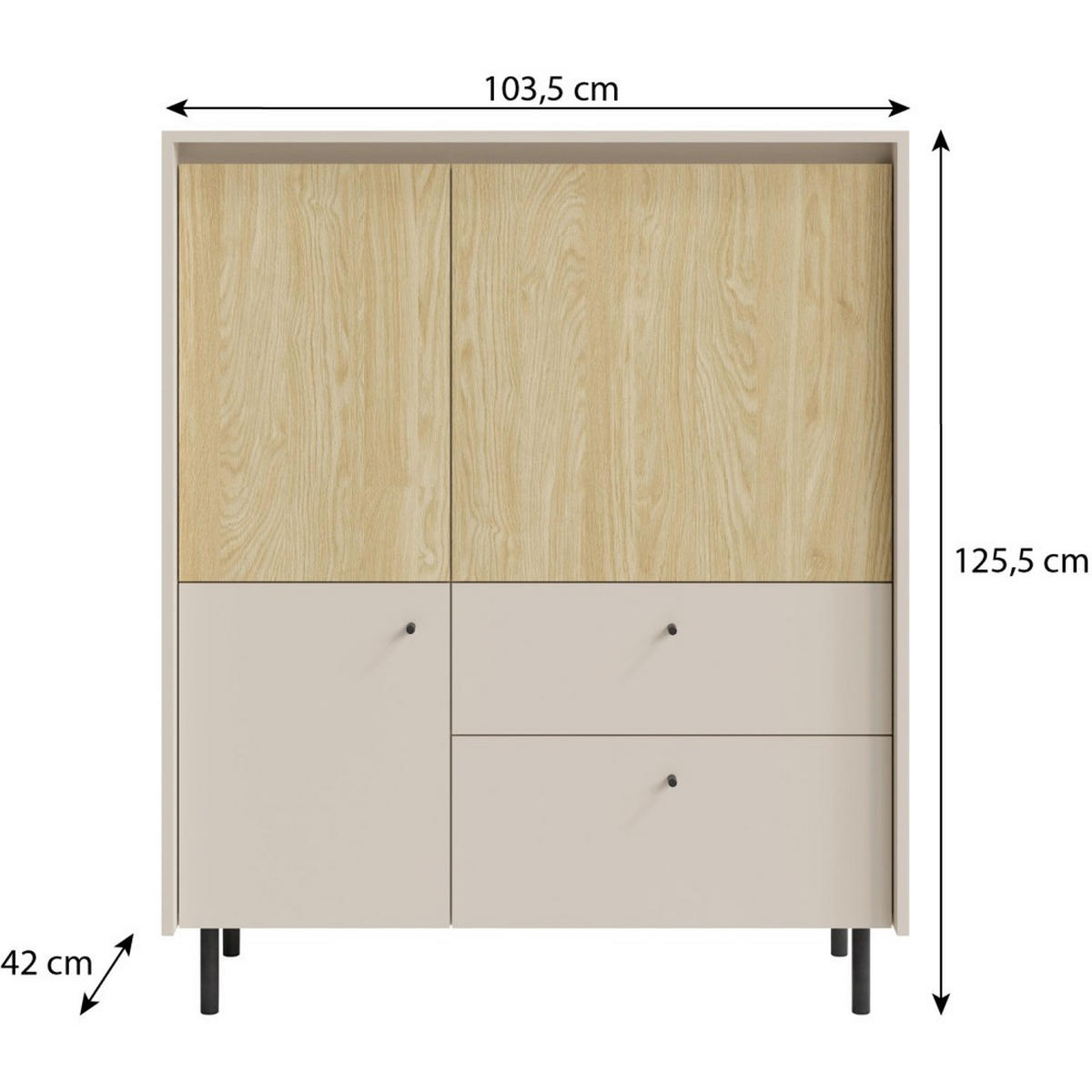 HIGHBOARD Monako mit 2 Schubalden und 3 Türen, Beige Sand - Eichefarben/Beige, Holzwerkstoff/Metall (103/125/42cm) - Beautysofa