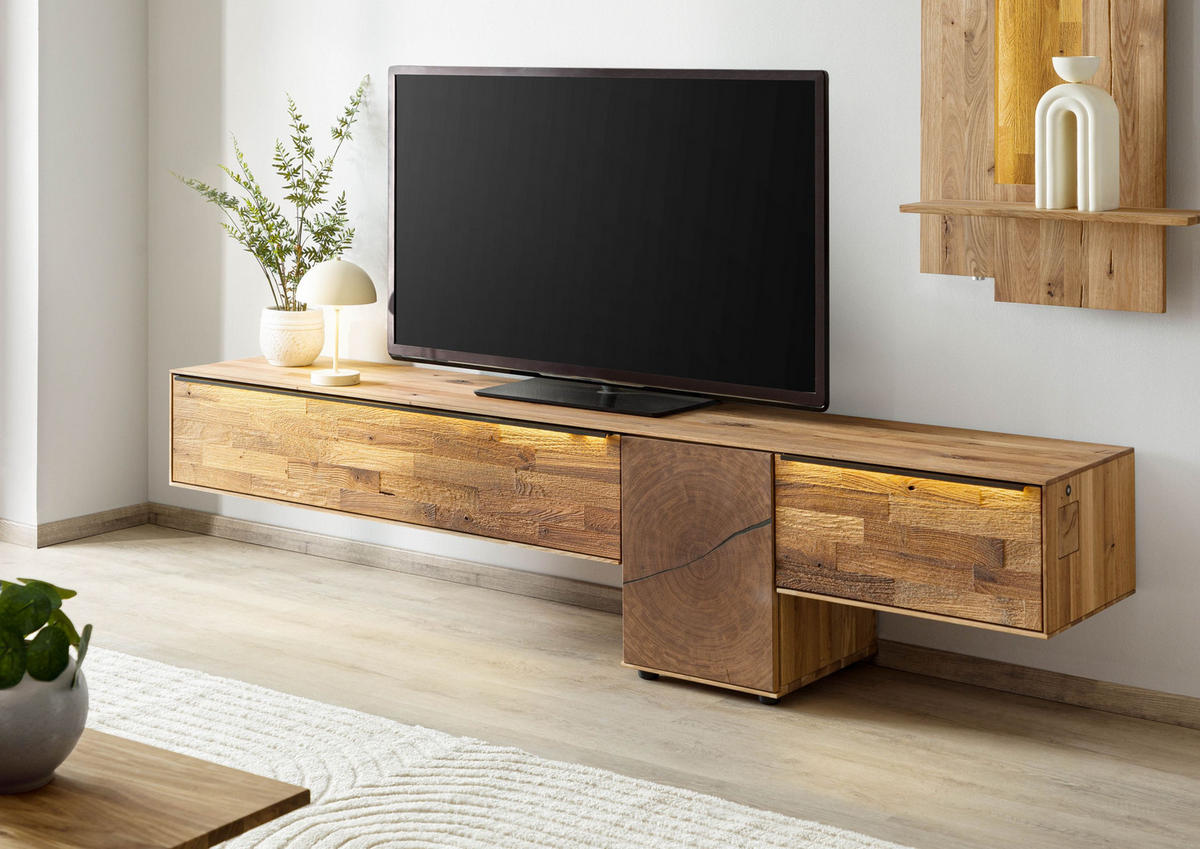 LOWBOARD Wildeiche 220x43x55 natur geölt WIEN #111 - Naturfarben, Holz (220/55/43cm) - Massivmoebel24