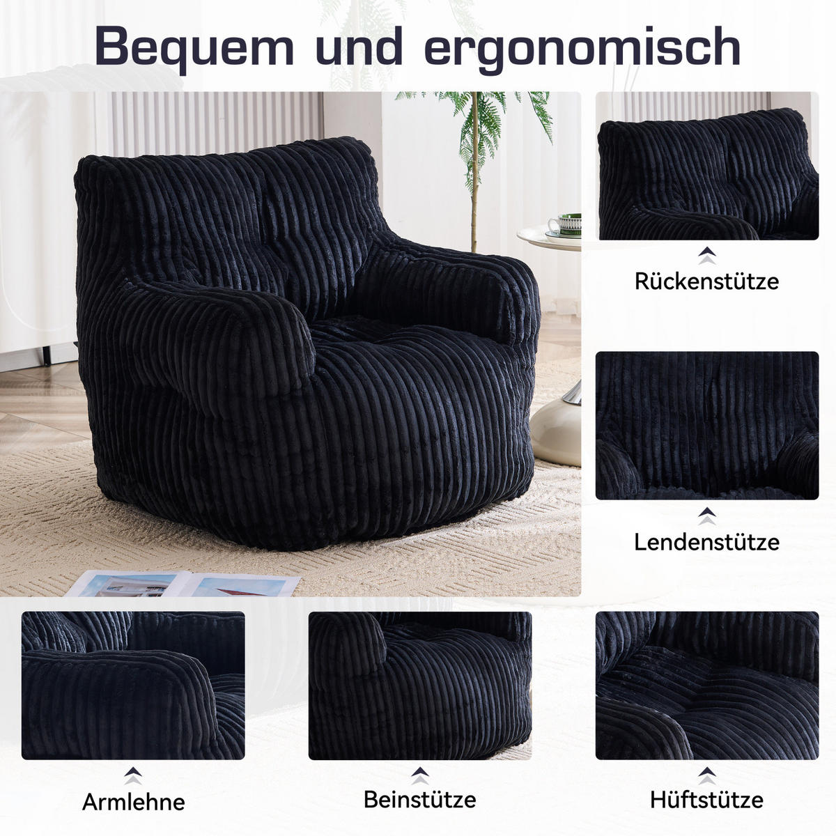 SOFA,1 Sitzer Sofa,Schwarz Cordbezug, Relaxsessel Schaumstoff-Sitzsack - Schwarz, Textil (100/70/94cm) - PARAFTA HOME