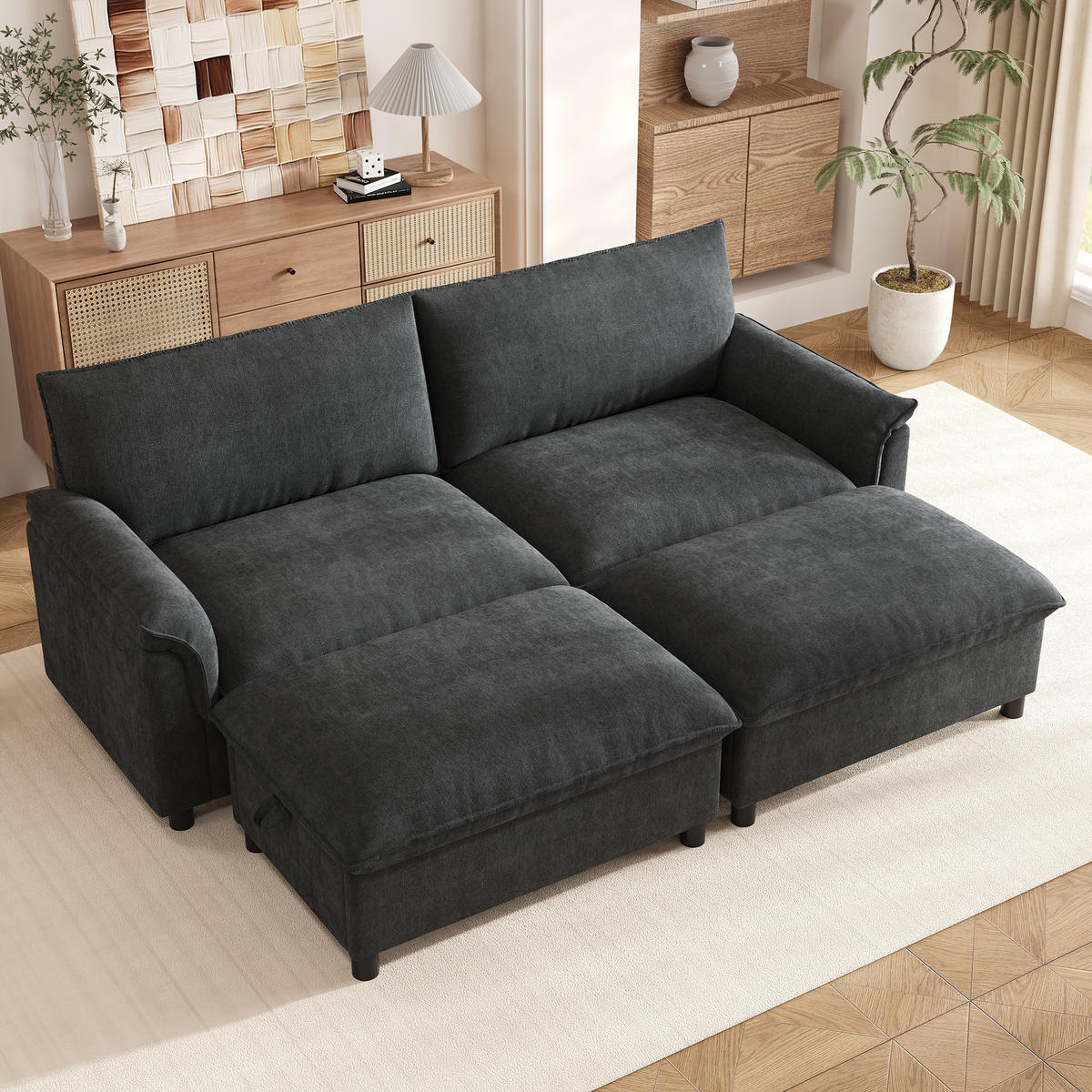 SOFA Schwarz U-Form Cloud Modular Deep Seat 216cm Hocker - Schwarz, Textil (77/82/216cm) - FLIEKS