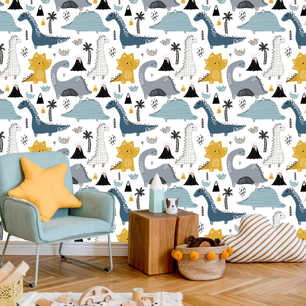 VLIESTAPETE Dinosaurier und Vulkane – Blau, Gelb, Schwarz, Weiß – 50x1000 cm - Blau/Gelb, Papier (50/1000cm) - Muralo