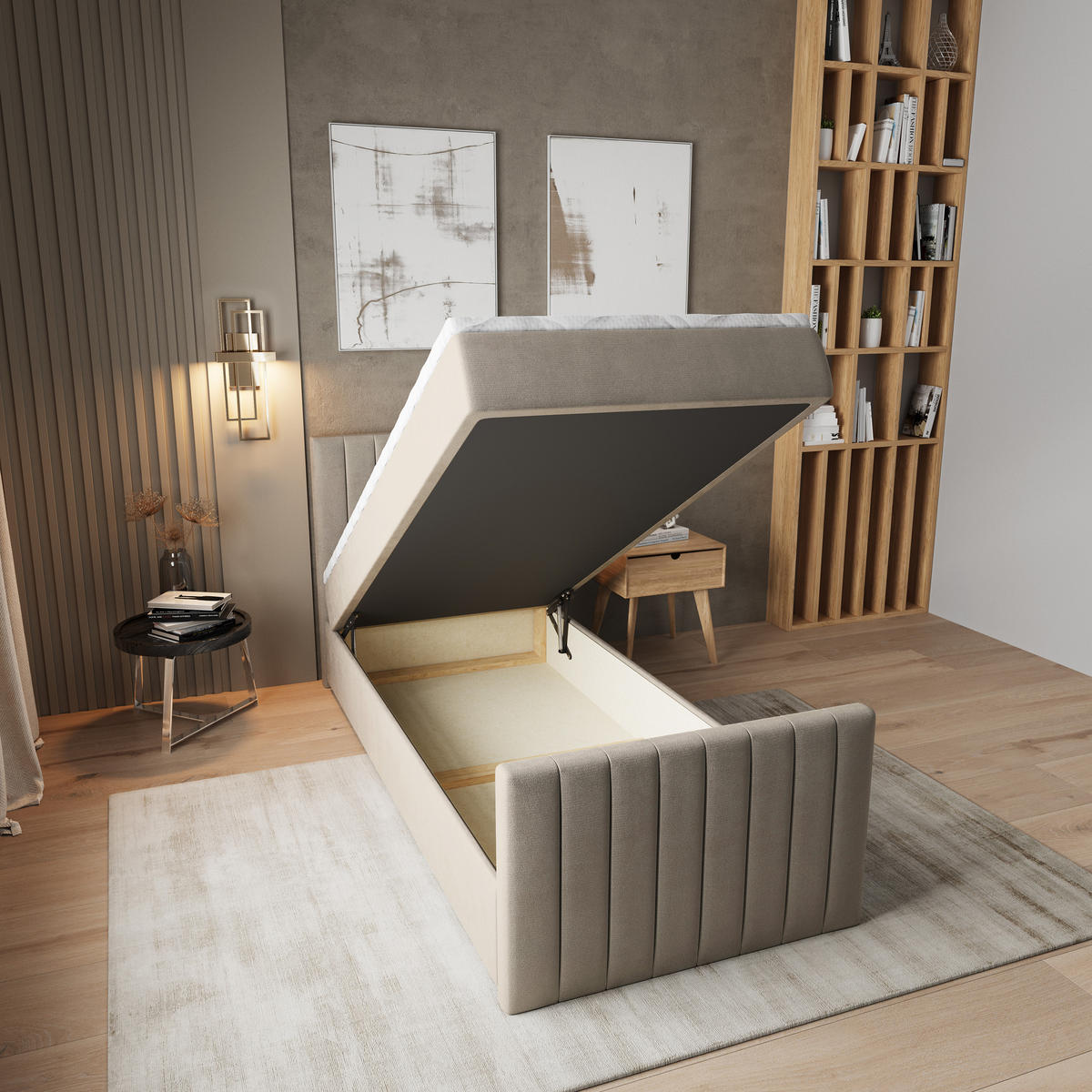 BOXBETT ARION 100 100x200 cm mit Matratze und Topper, H2+H3 - Beige - Beige, Holz (100/200cm) - MASSENO