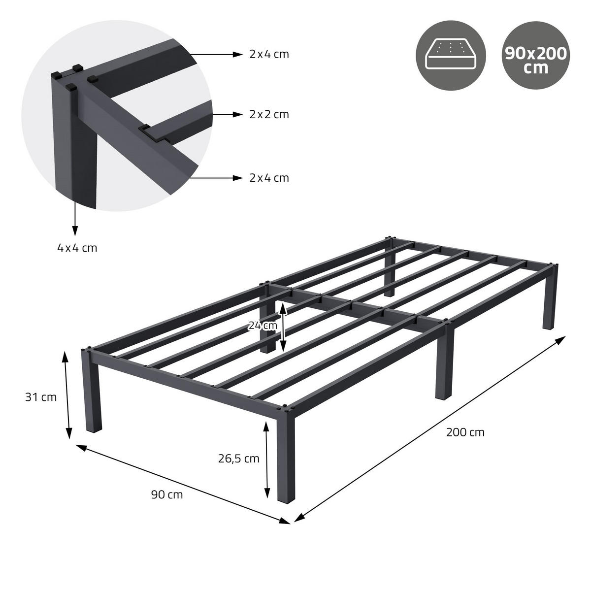 METALLBETT 200/90 cm - Anthrazit, Metall (90/200cm) - ML-DESIGN