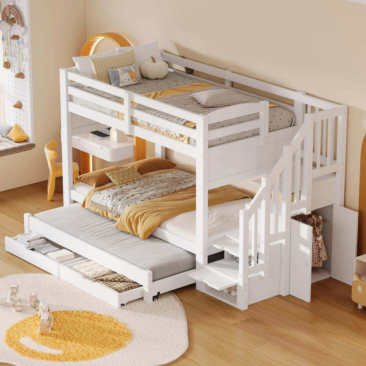 ETAGENBETT aus MDF und Kiefer 90x200 cm Weiß mit Ausziehbett, Stauraumtreppe und Kleiderschrank - Weiß, Holzwerkstoff (90/200cm) - Modfu