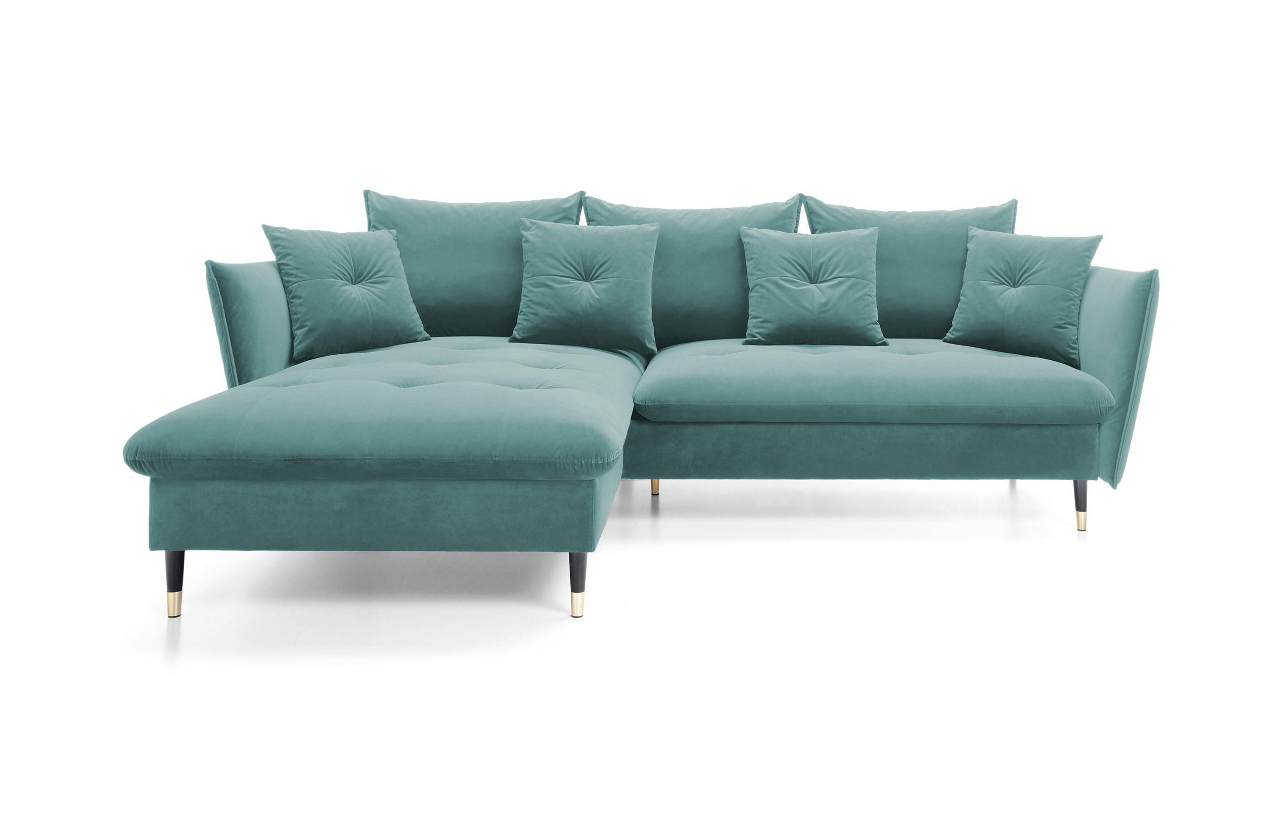 ECKSOFA GLAM mit Schlaffunktion, Ottomane & goldenen Füßen – Samtsofa im Glamour-Stil mit Zierkissen, 258x167x91cm, Linke, MÜNZE - Hellgrün, Holz/Textil (167/258cm) - DomoHome