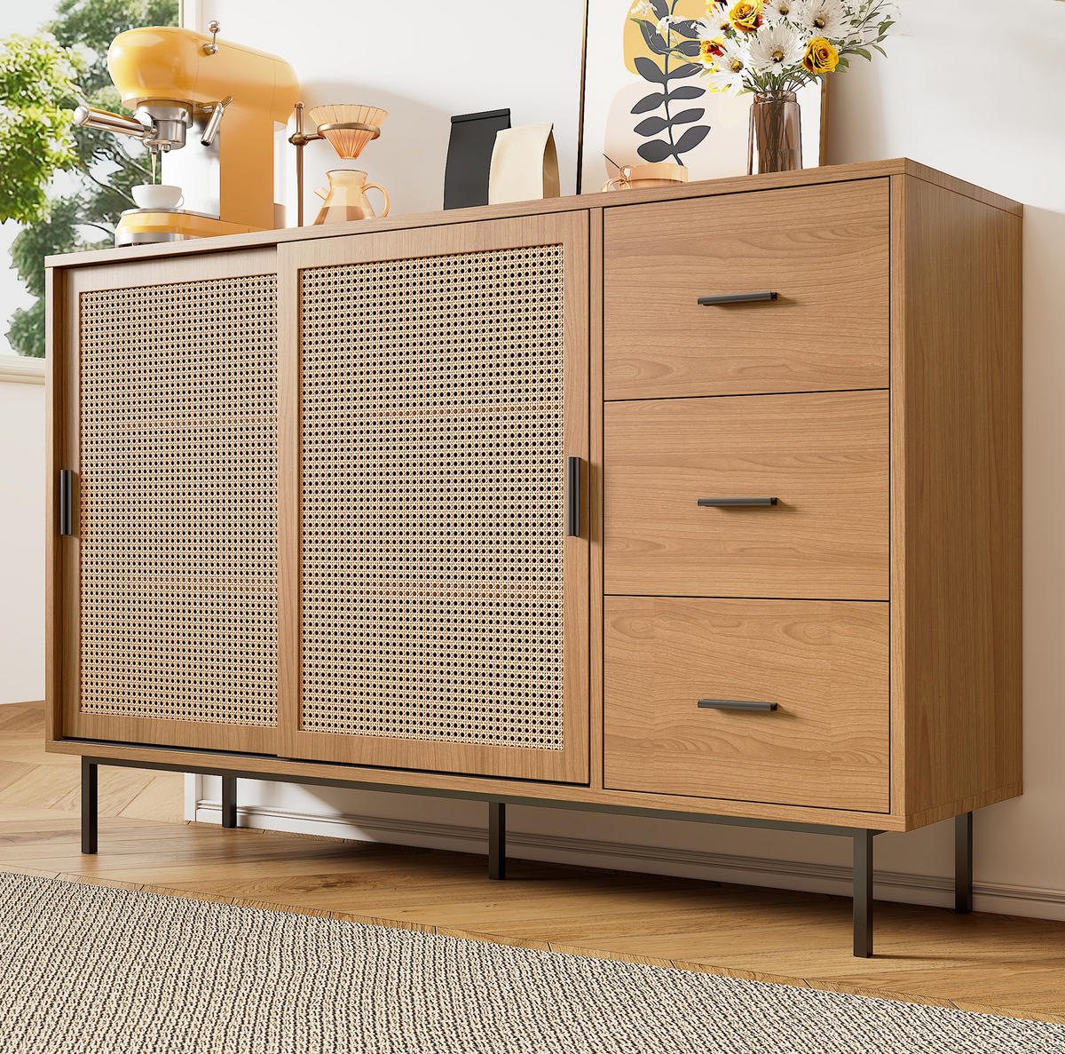 SIDEBOARD 140/91/37 cm Naturfarben aus Spanplatte mit Schiebetüren - Naturfarben, Holzwerkstoff (37/91/140cm) - OKMYHOME