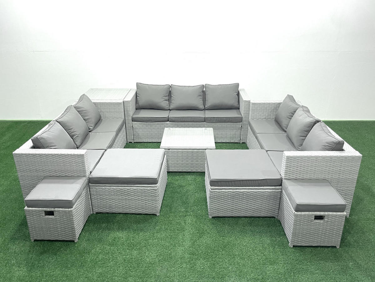 GARTENMÖBELSET mit 3-SITZER SOFA,COUCHTISCH Polyrattan Hellgrau-Mix 13-Sitzer - Hellgrau/Grau, Glas/Kunststoff - Fimous