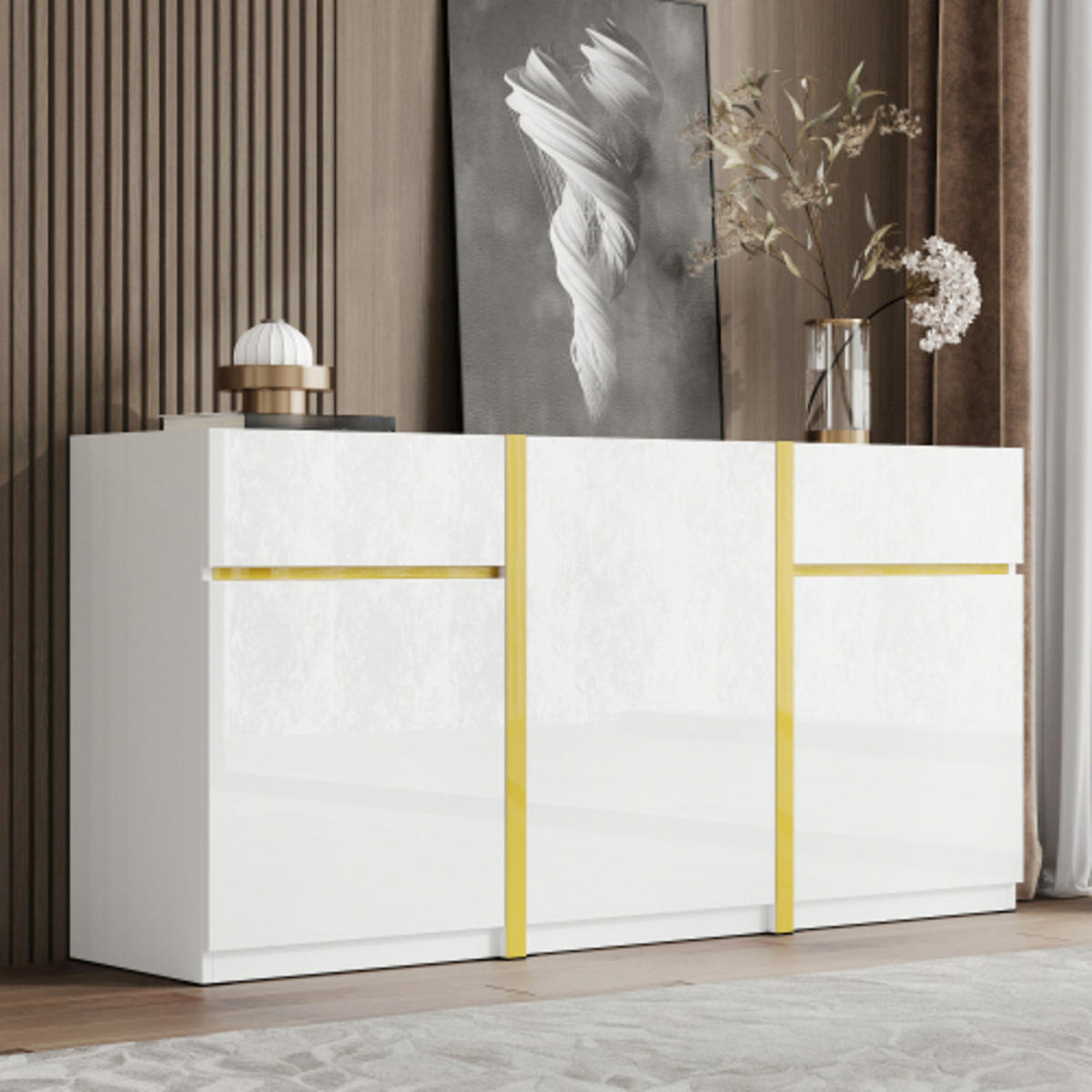 SIDEBOARD mit Goldverzierungen weiß Hochglanz 160×40×78 cm aus Spanplatte und MDF - Weiß, Holzwerkstoff (160/78/40cm) - Luhomfu
