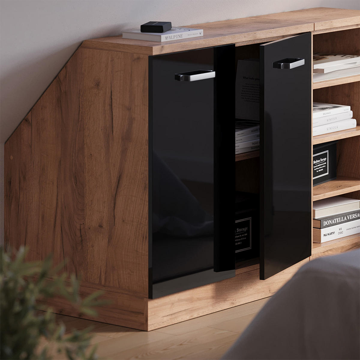 WARDROBE FOR SLOPING CEILING Rion Sjajna Crna 80 x 81.6 cm s 2 vrata, korpus ormara dubine 60 cm - hrast medunac/crna visoki sjaj, drvni materijal (80/83.8/60cm) - Vicco