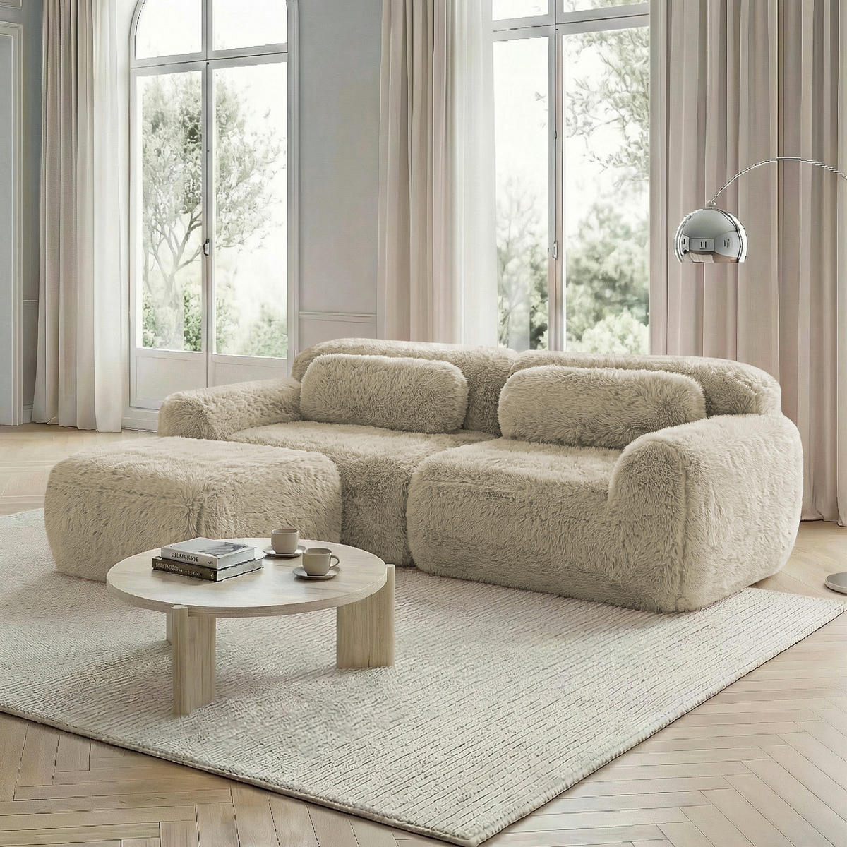 MODULÁRNÍ pohovka světle khaki z plyše bez montáže s měkkým polstrováním - béžová, textil (179/204cm) - OKWISH