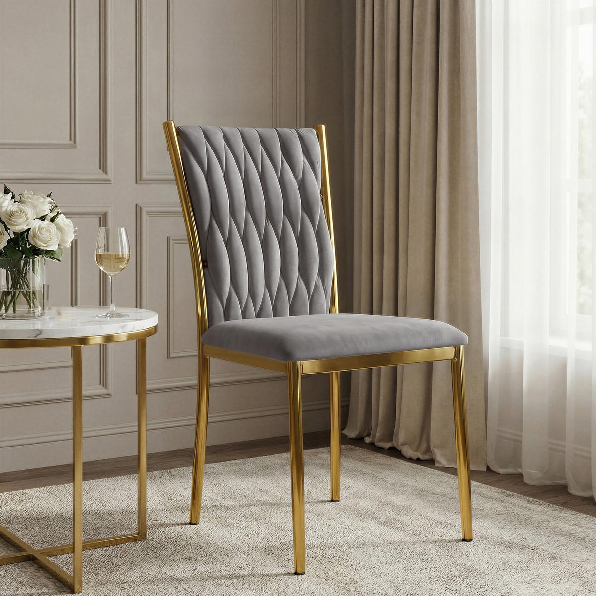 STUHL PRIMO mit geflochtener Rückenlehne, Samt Grau - Goldfarben/Grau, Textil/Metall (48/94/43cm) - Idohome