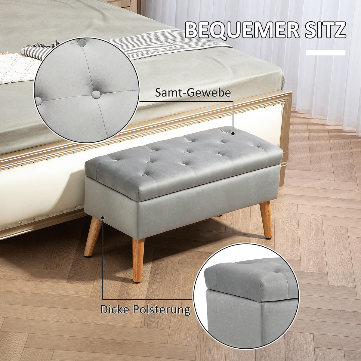 SITZBANK mit Stauraum, Polsterbank mit Deckel, Bettbank mit Samtoptik Grau - Grau, Kunststoff (35/40/80cm) - HOMCOM
