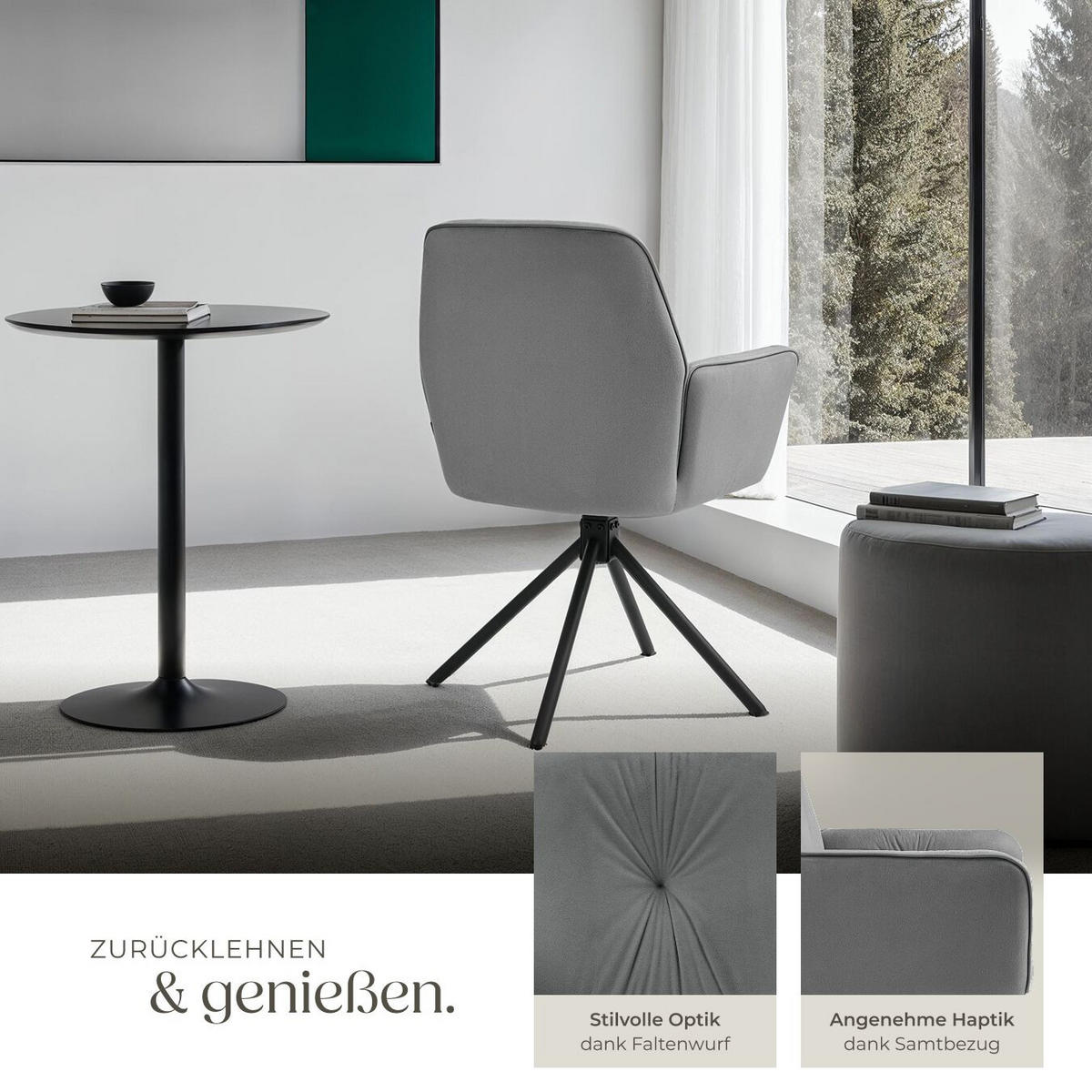 ARMLEHNSTUHL Drehbar Lenia,56,5 x 54 x 86 cm, Samtoptik anthrazit/schwarz - Anthrazit/Schwarz, Kunststoff (56.5/86/54cm) - tectake