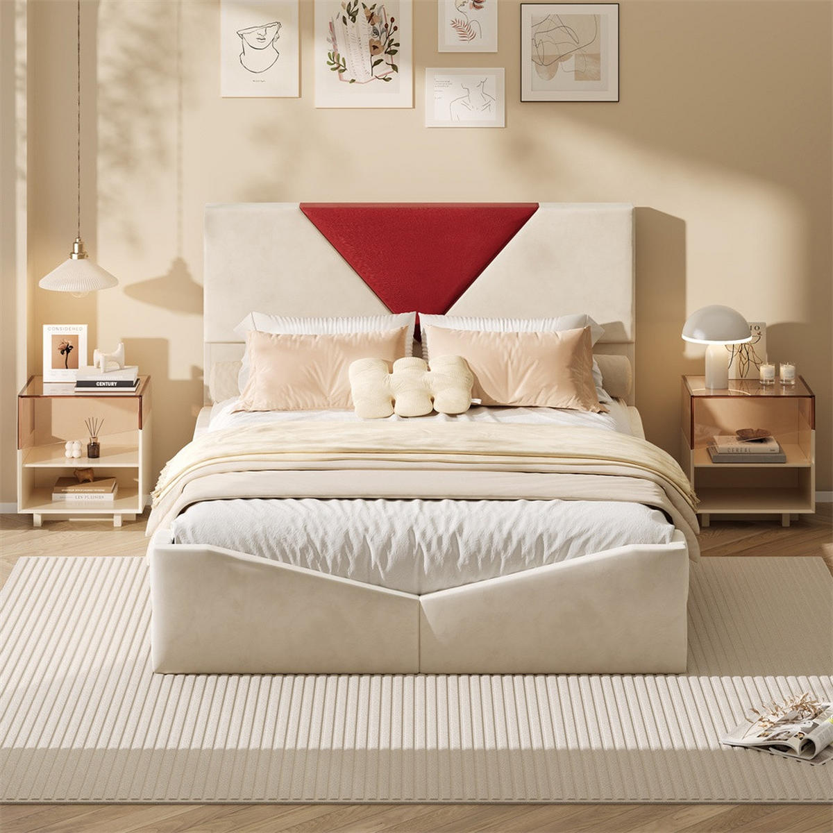 POLSTERBETT 160x200 cm - Doppelbett mit 4 Schubladen und geometrischem Kontrast-Kopfteil - ohne Matratze - Creme-Weiß - Beige, Textil (160/200cm) - DELFA