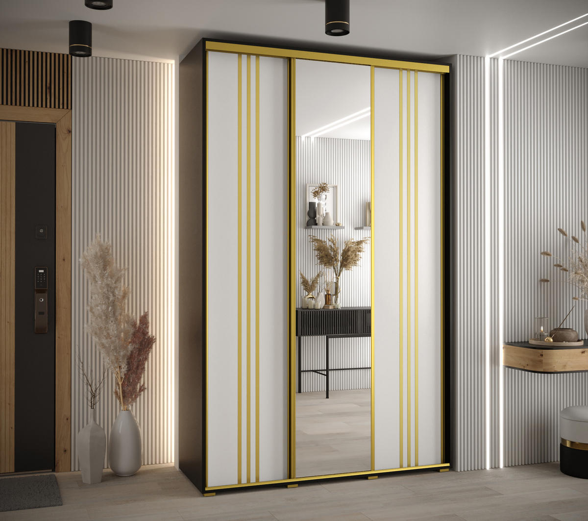 SCHWEBETÜRENSCHRANK 235,2/160/60 3-türig - Goldfarben/Schwarz, Holz/Metall (160/235/60cm) - Abiks Möbel