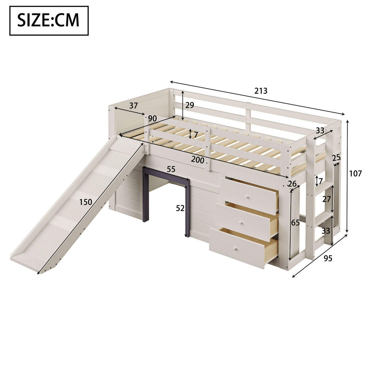 GORNJI krevet od borovine i MDF-a 90x200 cm krem s toboganom, 3 ladice i 2 vrata - bijela, drvni materijal (90/200cm) - Modfu