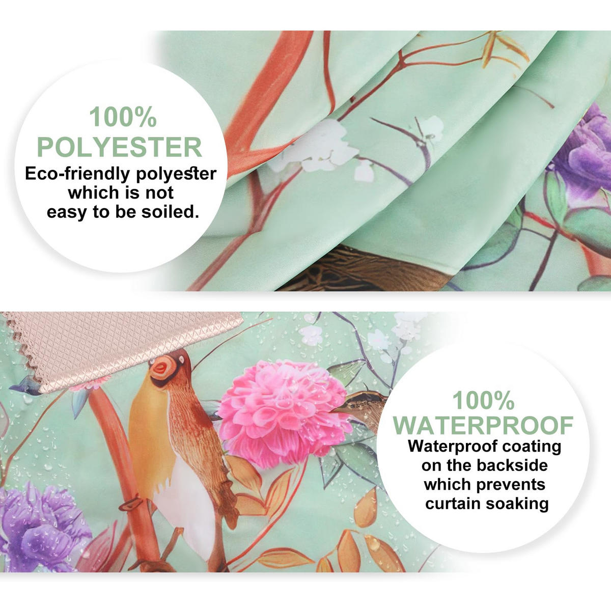 DUSCHVORHANG schimmelresistent 100% Polyester Badezimmer wasserdicht floral Landschaft mit Haken 180 x 180 cm - Grün, Textil (180/180cm) - MCBOSON