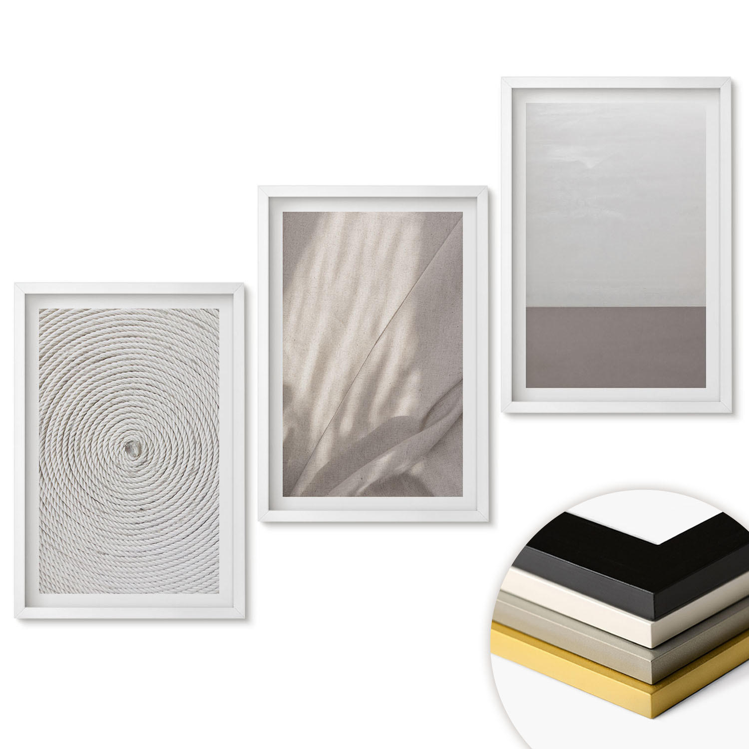 WANDBILDER 3er-Set - 40x60 cm Weißer Rahmen - Natürliche Boho-Texturen - Weiß, Kunststoff (40/60cm) - ArtPrintCave