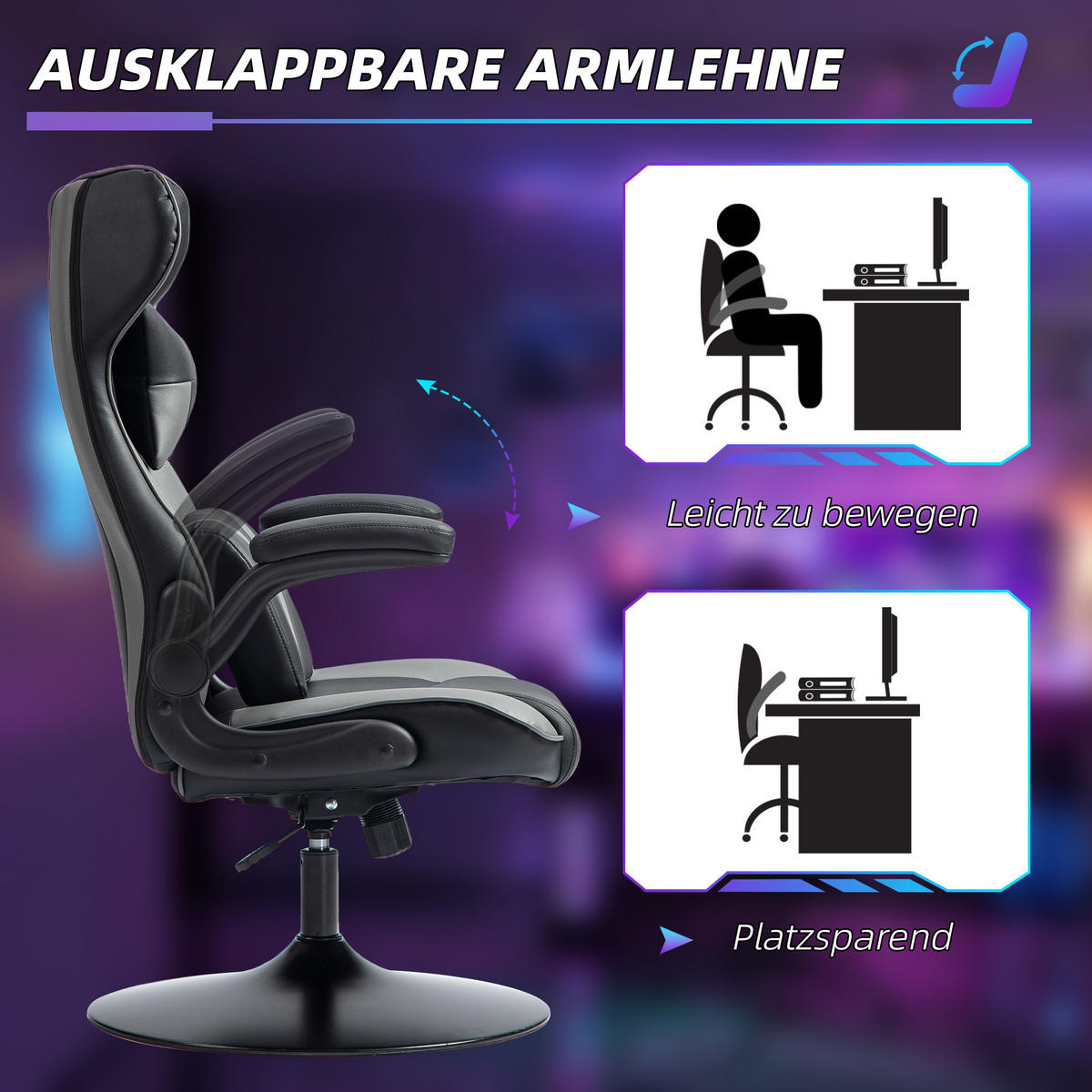 GAMING-STUHL mit Wippenfunktion,bis 120 kg belastbar, Schwarz+Grau - Grau, Kunststoff (67/112/71cm) - Vinsetto