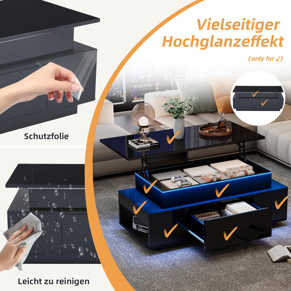 COUCHTISCH DE-029 Liftora Schwarz - Schwarz, Holzwerkstoff (45/96/40cm) - ComfortXL