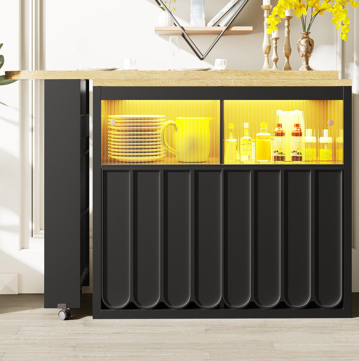 AUSZIEHBARER Bartisch mit LED & Stauraum, 135-205/39/100 cm, Schwarz, mit USB-Anschluss - Schwarz, Holzwerkstoff (39/100/135cm) - Redom