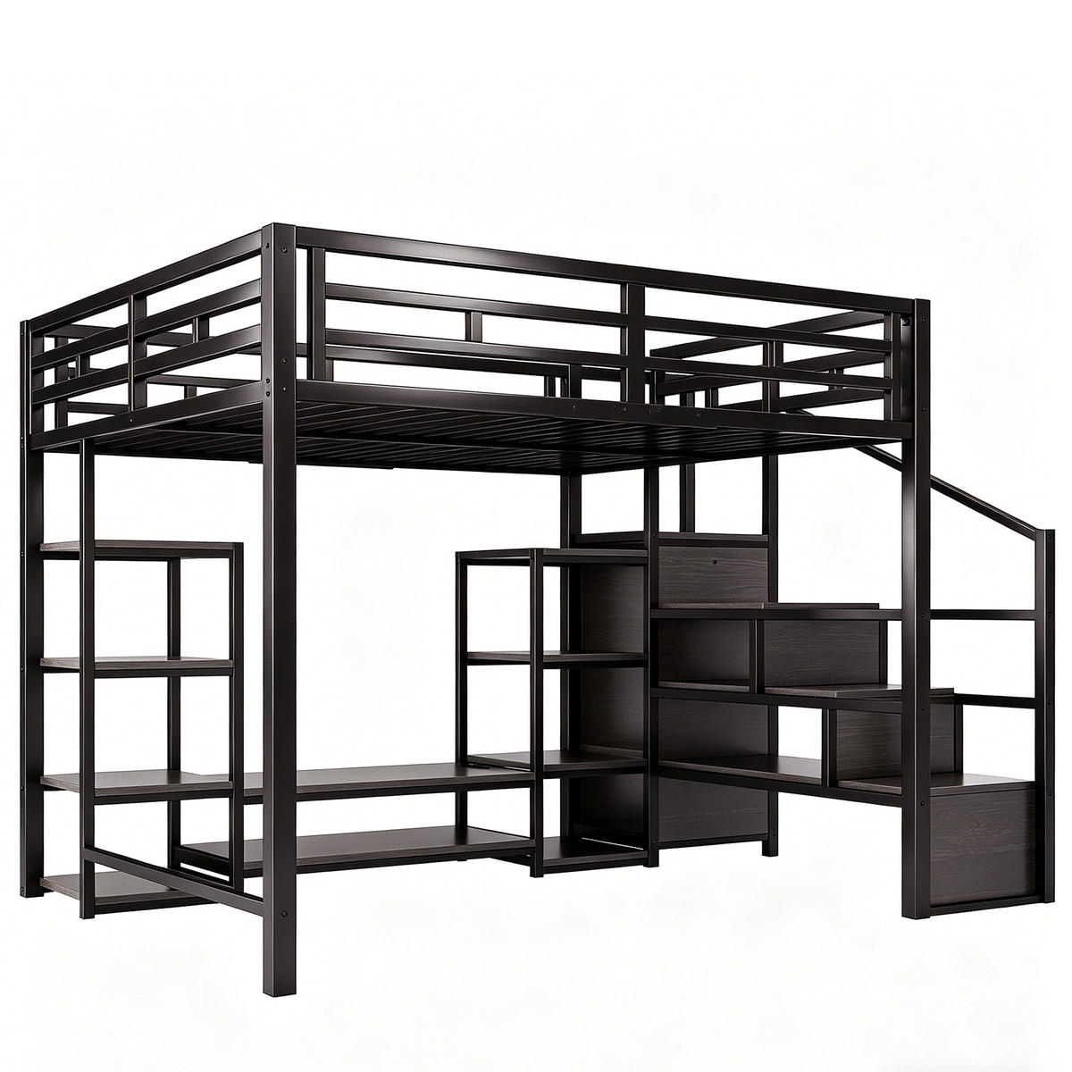 HOCHBETT 140/200 cm in Schwarz mit TV-Ständer, Steckdose und Leiter aus Metall - Schwarz, Holzwerkstoff/Metall (140/200cm) - CHICFURN
