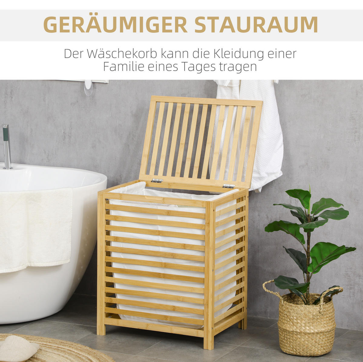 WÄSCHEKORB 50x36x60 cm in Natur aus Bambus mit Deckel & Innenbeutel - Naturfarben, Naturmaterialen (36/60/50cm) - Modfu