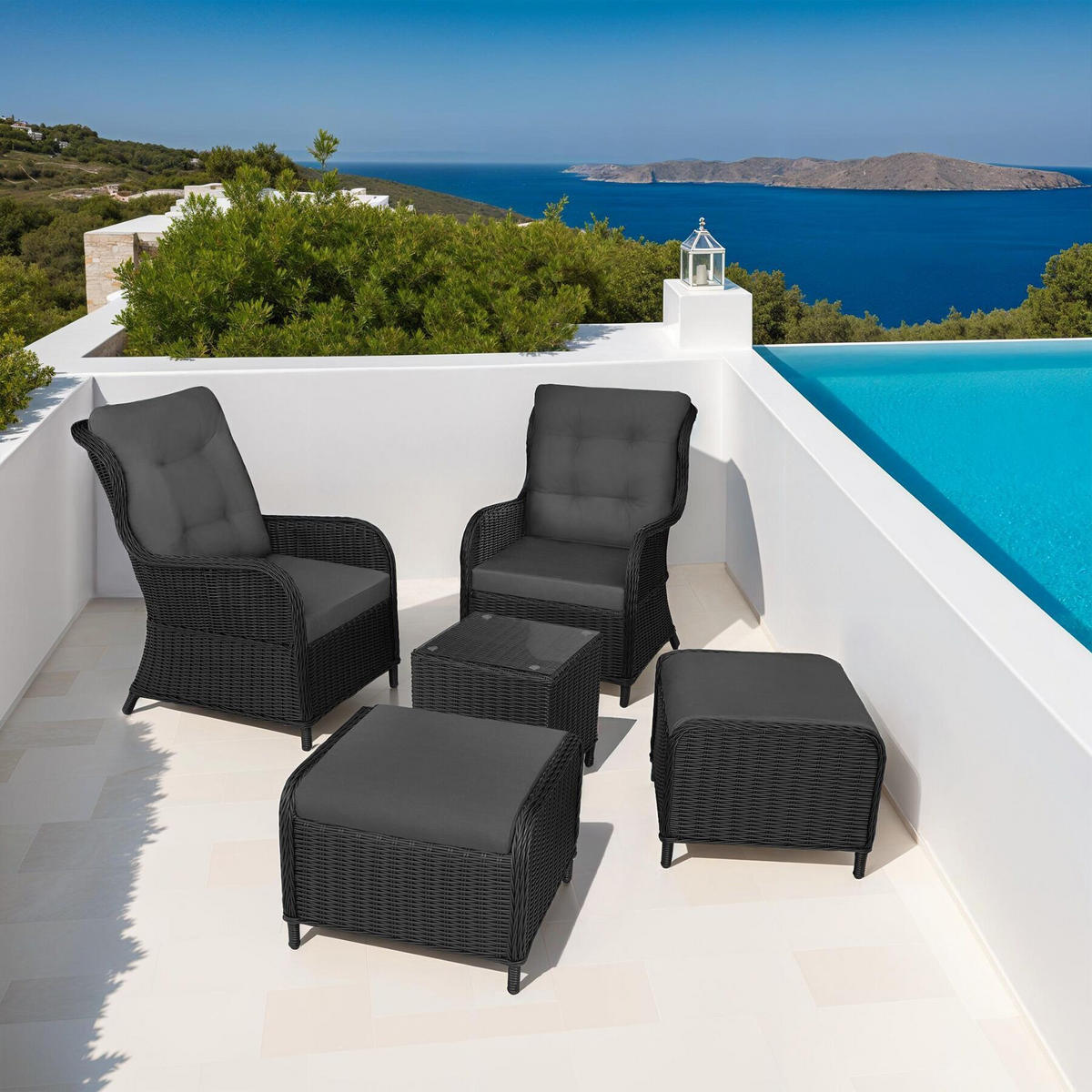 ALUMINIUM RATTAN SITZGRUPPE Benissa, mit Sicherheitsglasplatte, schwarz/grau - Schwarz/Grau, Kunststoff - tectake