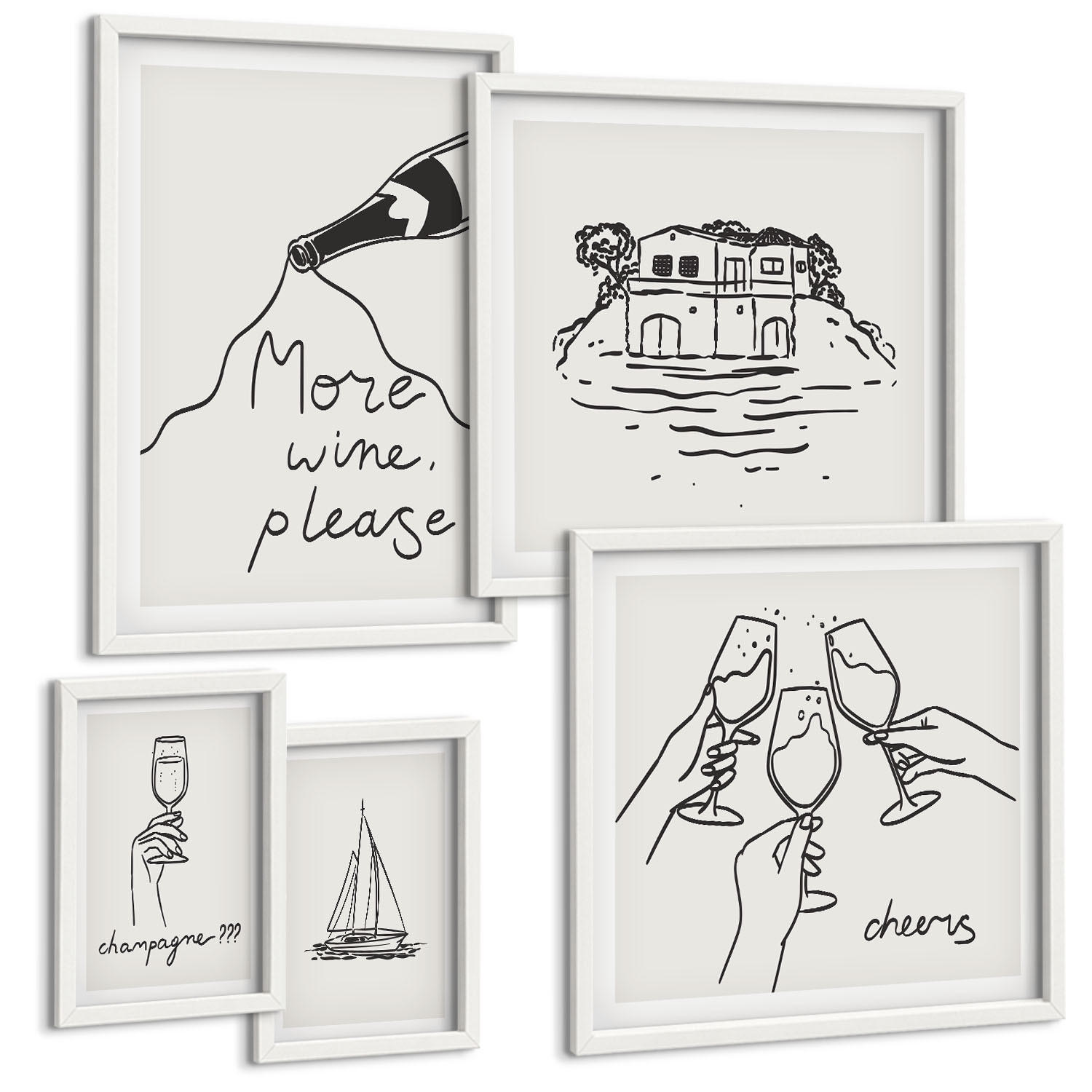 BILDER SET 5er Set - 50x50 cm & 20x30 cm & 40x60 cm Weißer Rahmen - Minimalistische Boho-Muster - Weiß, Kunststoff (40/60cm) - TULUP
