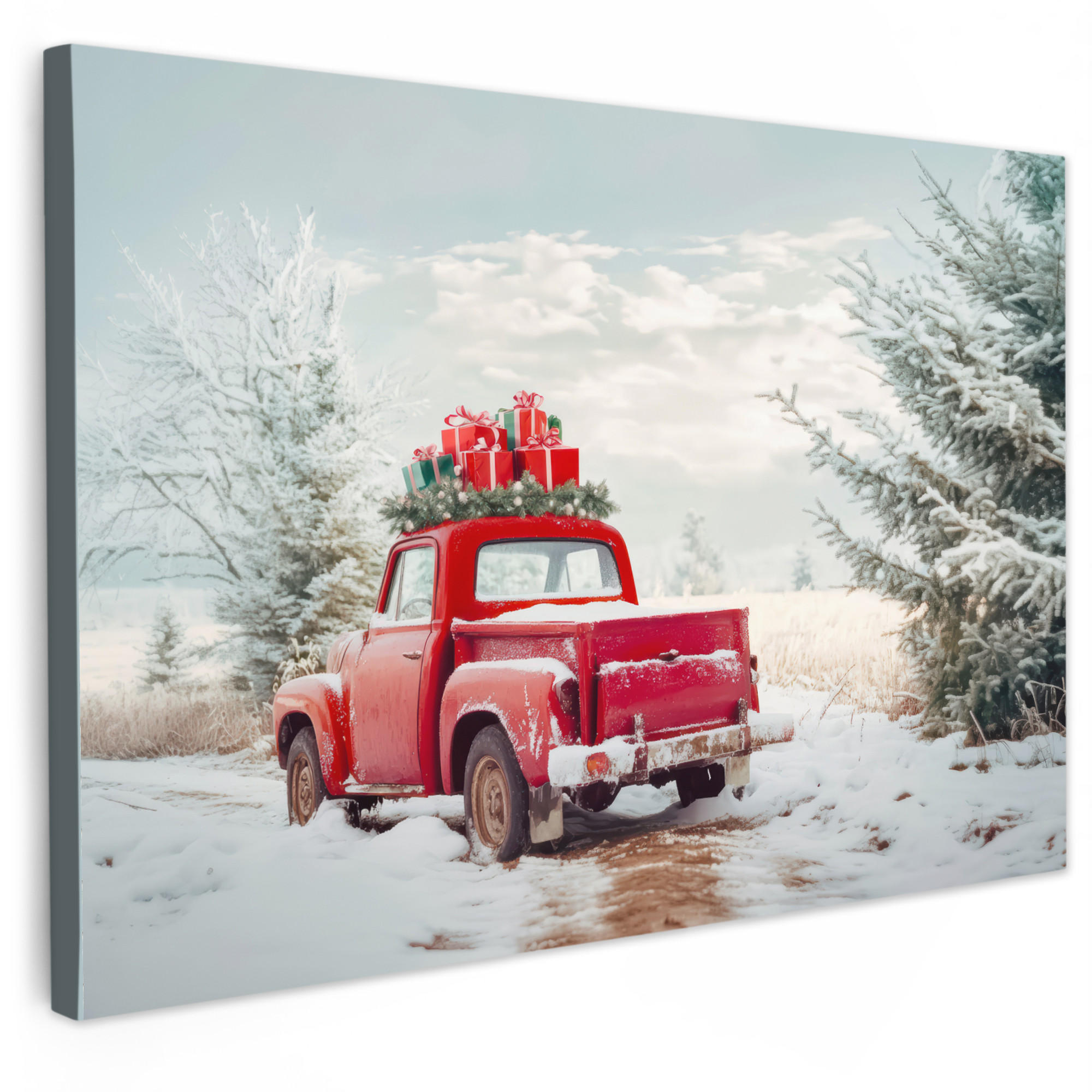 OBRAZ NA PLÁTNĚ Auto - Červená - Dárky - Zima - Sníh - Vánoce 90x60 cm - červená, textil (90/60cm) - MuchoWow