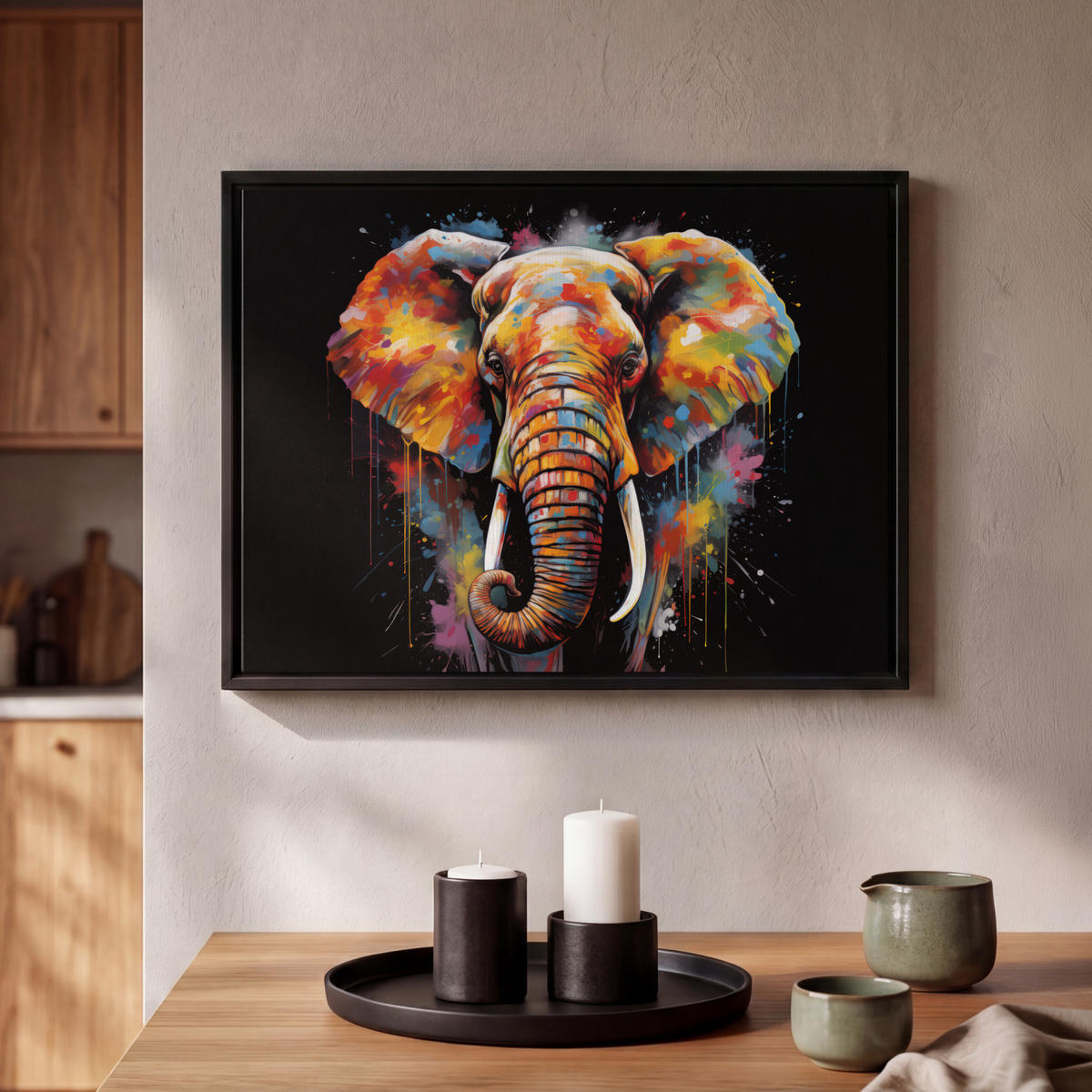 LEINWAND Bilder mit Rahmen - Elefant - Graffiti - Schwarz - Tiere - Farben - 40x30 - Schwarz, Textil (40/30cm) - MuchoWow
