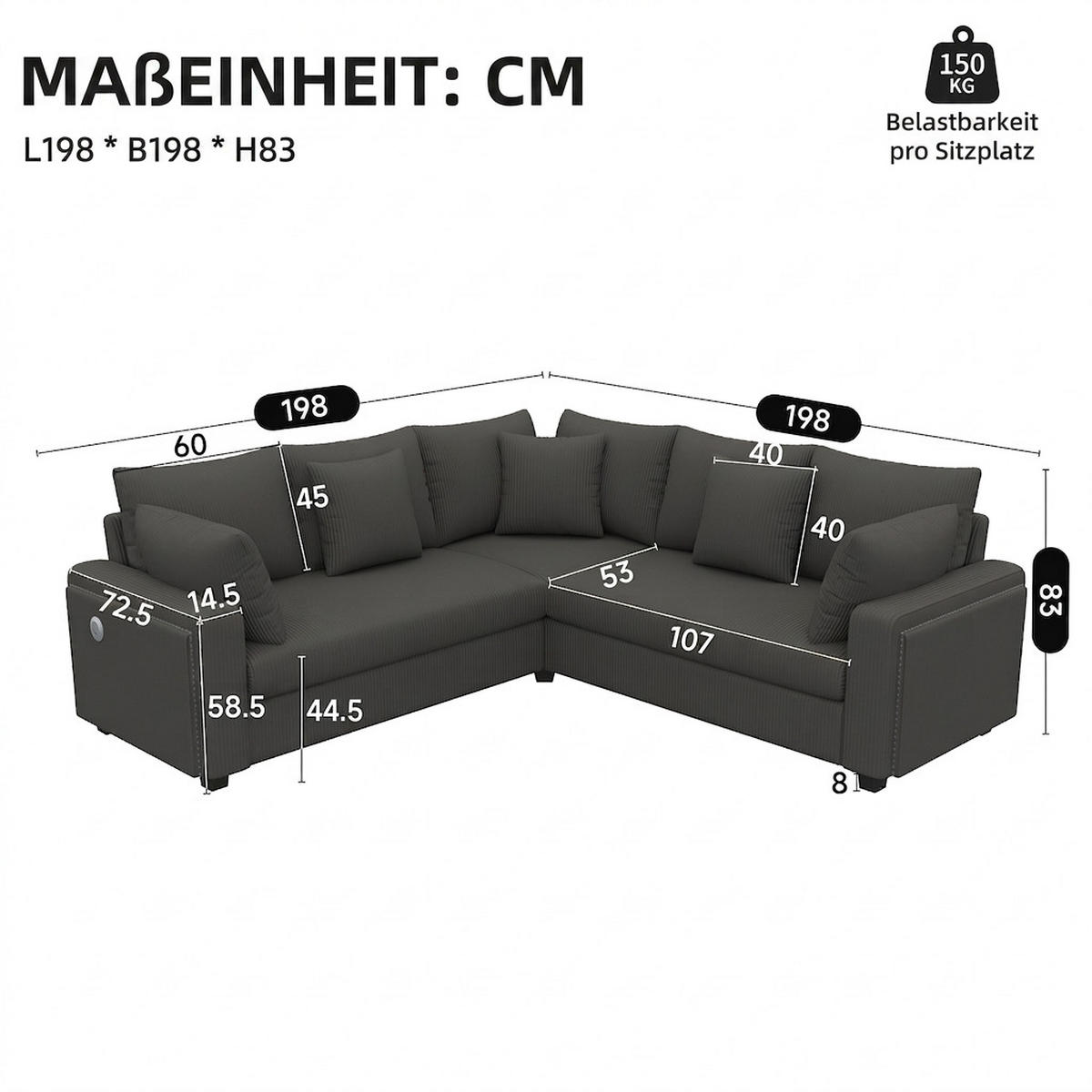 ECKSOFA 198/198/83 cm Grau mit LED‑Ambientebeleuchtung und USB‑Ladeanschluss - Grau, Holz/Textil (198/198cm) - Oxeza