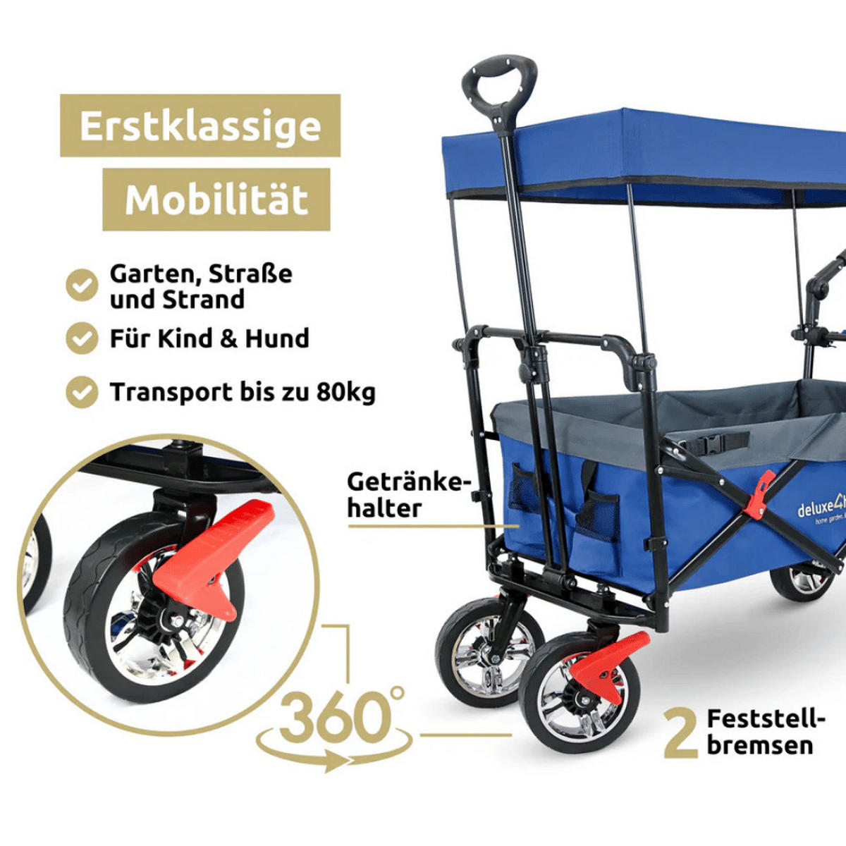 BOLLERWAGEN faltbar mit Dach REGGI Blau - Blau, Metall (128/112/56cm) - DELUKE