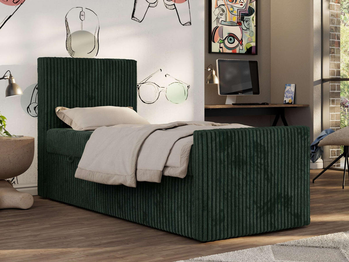 JUGENDBETT TILIO DUO 90/200 - Dunkelgrün Cord - H4 - Links Seite - Dunkelgrün, Textil (90/200cm) - MKS