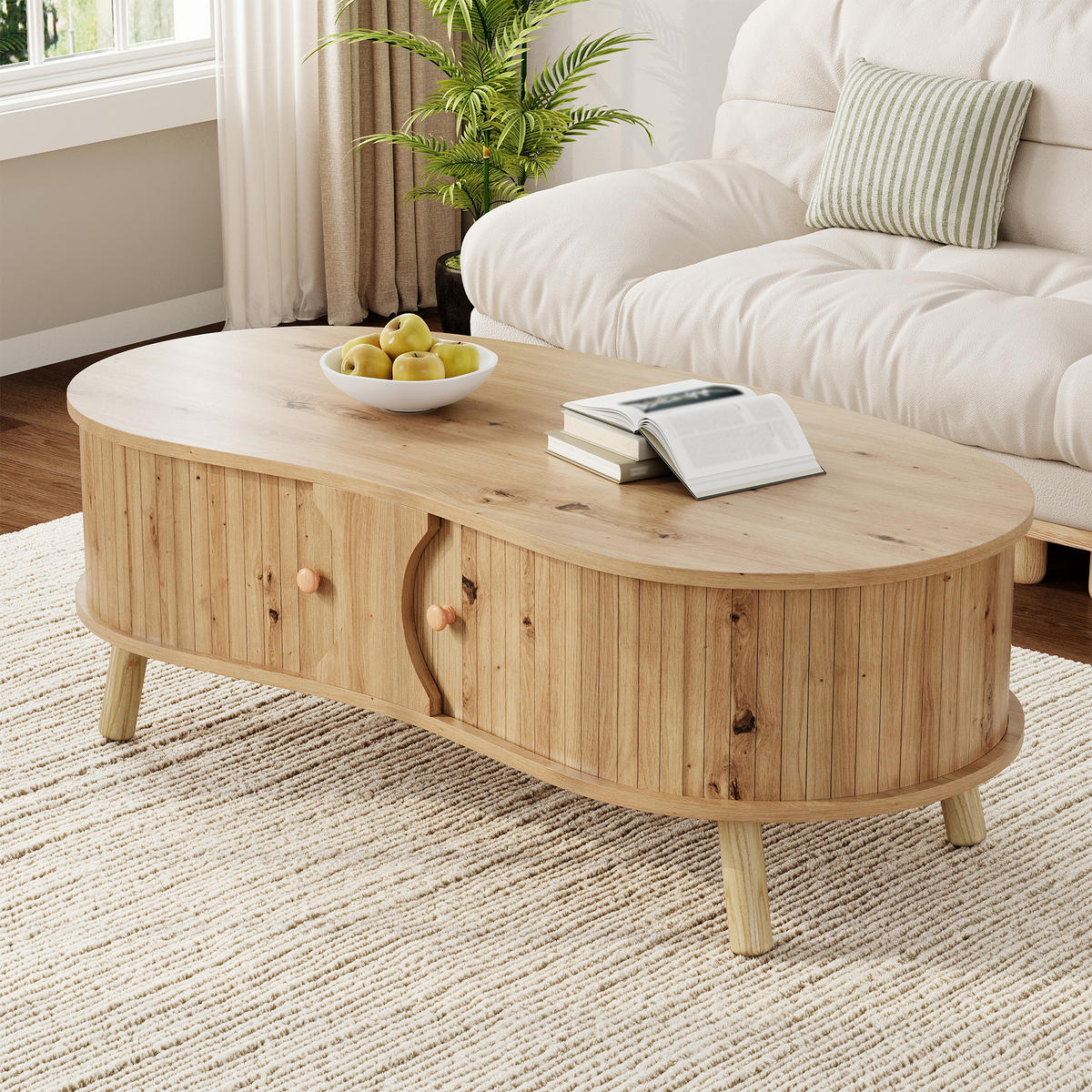 COUCHTISCH organisch Rillenoptik 2 Schiebetüren - Naturfarben, Holz (50/108/37cm) - LEBENLANG