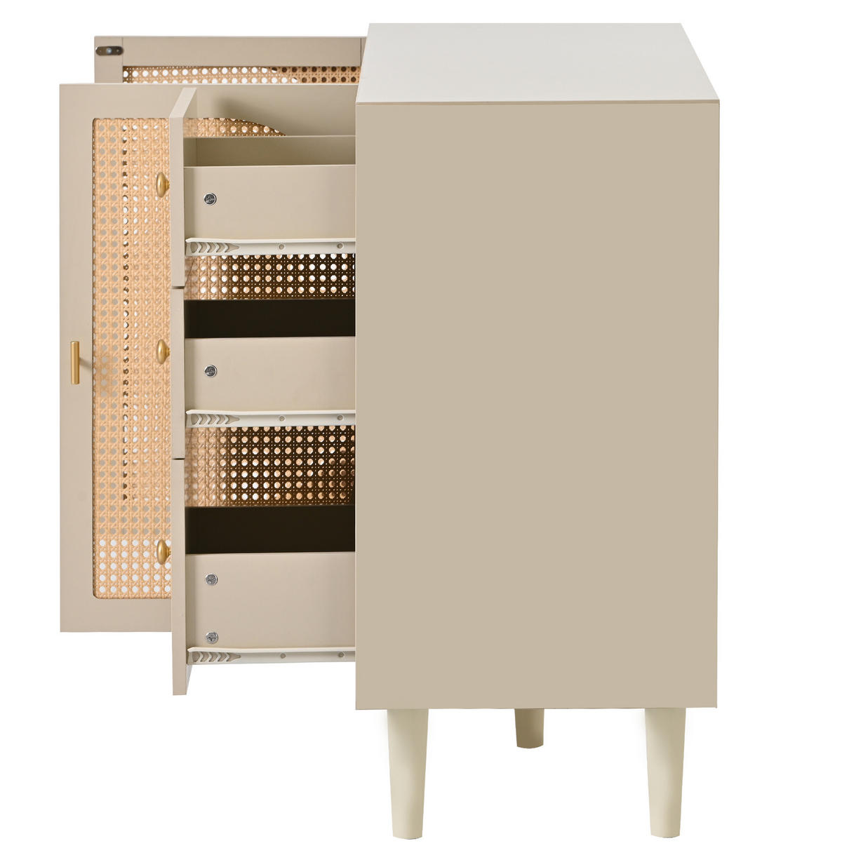 SIDEBOARD aus Spanplatte 120x40x82,5 cm Offwhite mit 2 Türen, 3 Schubladen und Push-to-open in Rattanoptik - Weiß, Holzwerkstoff (120/82.5/40cm) - Modfu