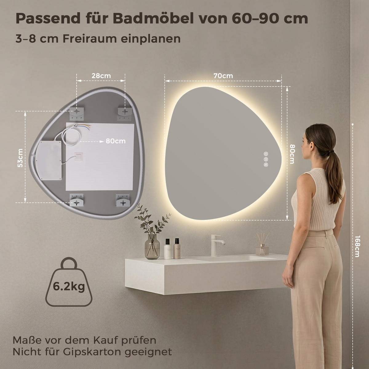 BADEZIMMERSPIEGEL mit Beleuchtung 80/70 cm asymmetrisch rahmenlos LED dimmbar mit Antibeschlag - Transparent, Glas (80/70/2.5cm) - S'AFIELINA