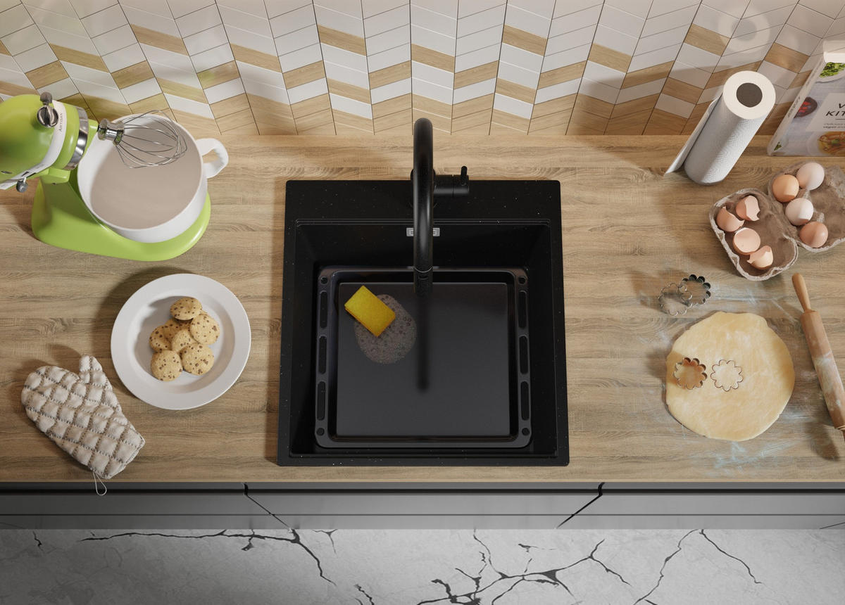 SPÜLBECKEN Oslo, 2-er set Schwarz Metallic 48/50 cm 1 Becken + Ablauf-Set + Schneidebrett ab 50er Unterschrank - Chromfarben/Schwarz Hochglanz, Kunststoff (48/20/50cm) - Primagran