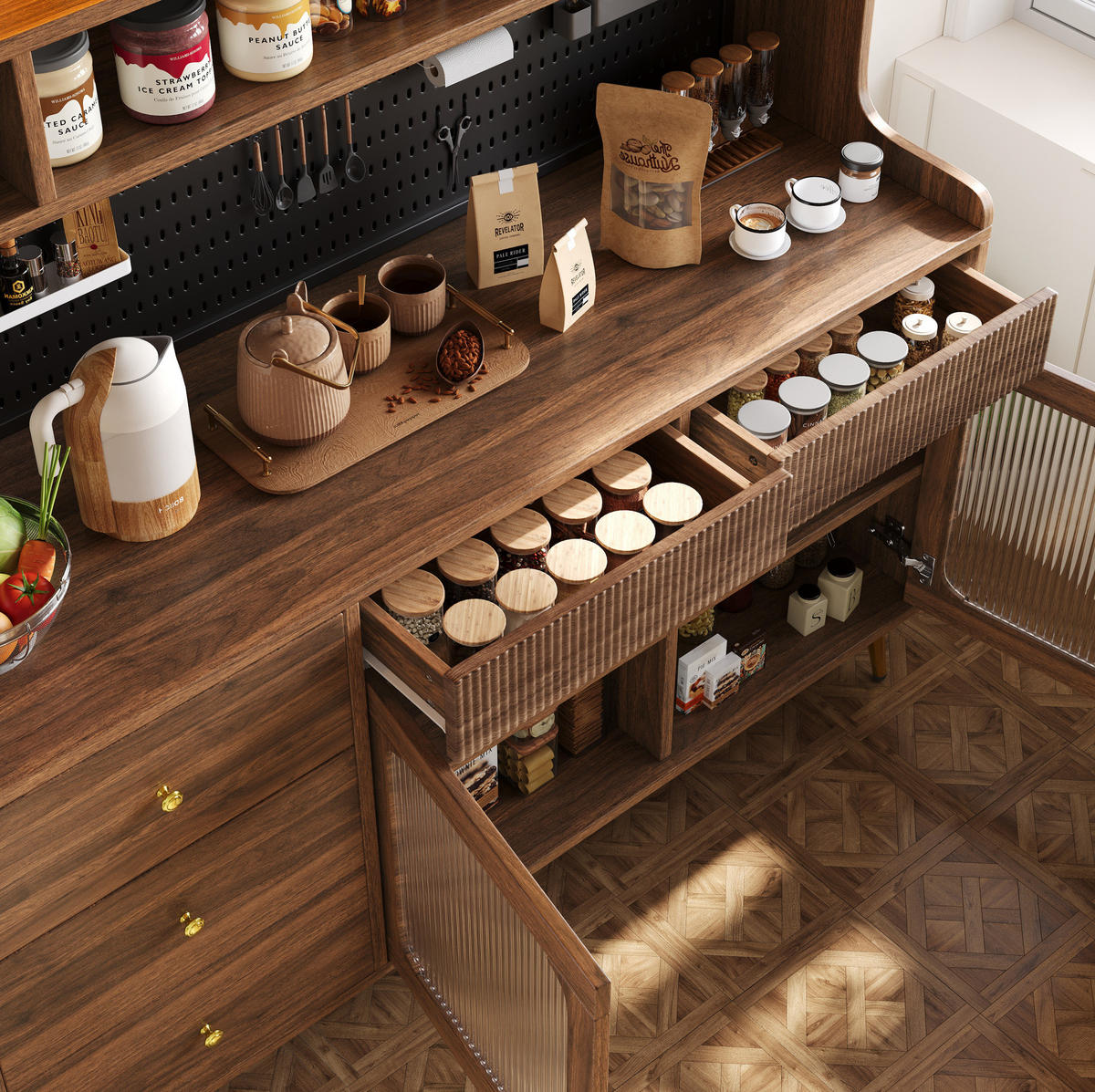 BUFFET 145/39/171 cm aus MDF und Glas mit LED-Beleuchtung Walnussfarben - Walnussfarben, Holzwerkstoff (145/171/39cm) - Modenvie