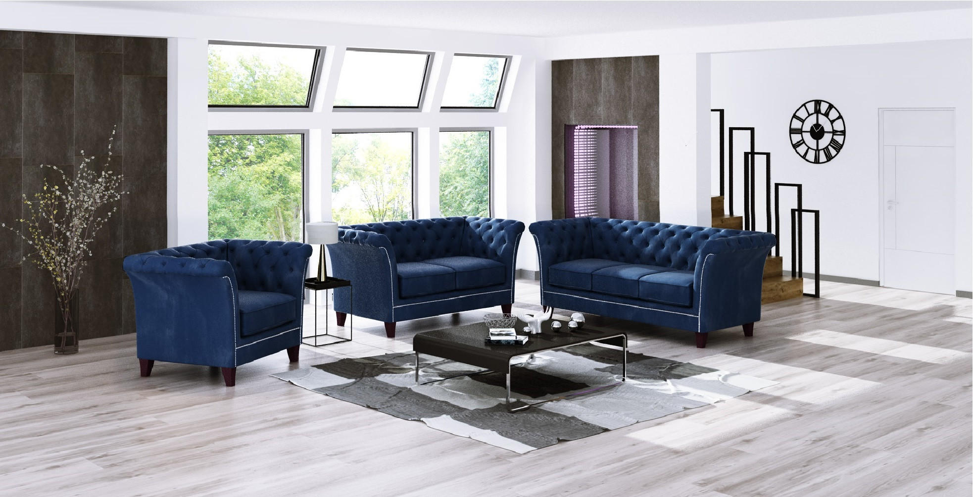 SITZGARNITUR 3+2+1 Chesterfield Fusion Blau Samt - Blau/Braun, Holz/Textil (237/75/82cm) - S-Style Möbel